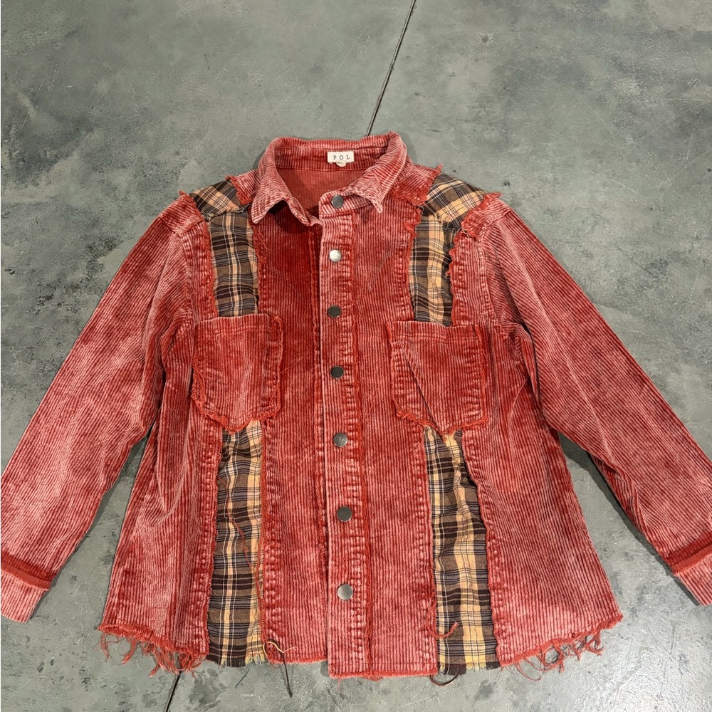 POL Red Corduroy Jacket with Plaid Details
